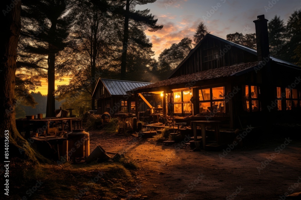 An Antique Woodworker's Haven Hidden Deep Within a Serene Forest at Dusk An Antique Woodworker's Haven Hidden Deep Within a Serene Forest at Dusk