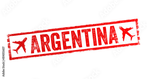 Argentina - the country located in South America, is the second largest country in South America by land area and the eighth largest in the world, text emblem stamp with airplane © dizain
