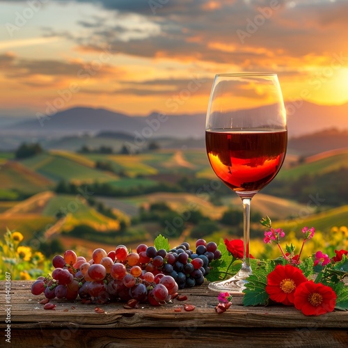 A glass of red wine with a beautiful sunset and rolling hills in the background.