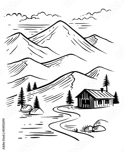 Country house in mountains. Cabin hand drawing