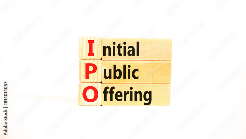 Naklejka premium IPO initial public offering symbol. Concept words IPO initial public offering on beautiful wooden blocks. Beautiful white background. Business IPO initial public offering concept. Copy space.