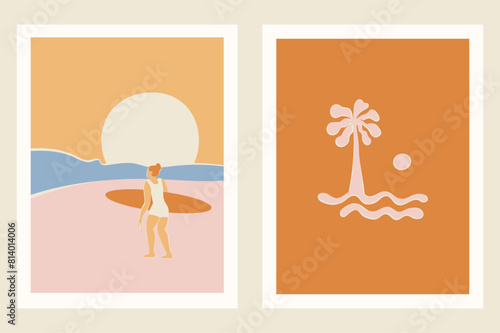 Vector illustration in flat style, summer banner and print, summer and vacation vibes, girl surfing on the wave in the ocean.