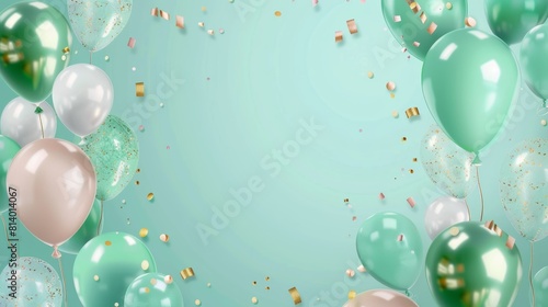 Green and pink balloons with gold confetti on a blue background.