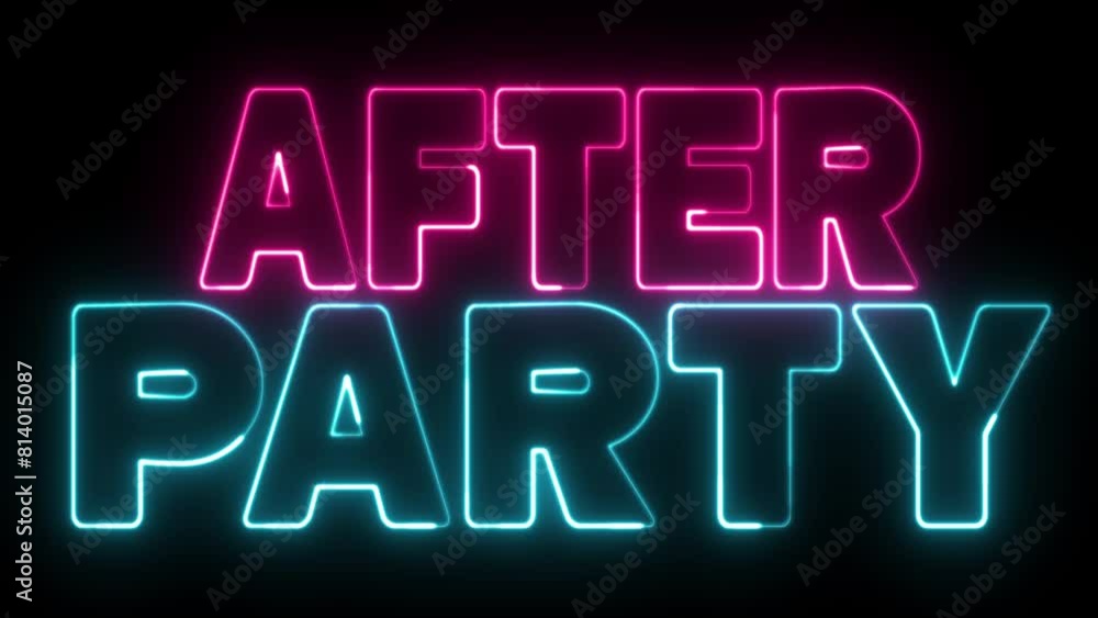 After Party text font with neon light. Luminous and shimmering haze inside the letters of the text Party. After Party neon sign. After Party text font with neon light. Luminous and shimmering haze inside the letters of the text Party. After Party neon sign.