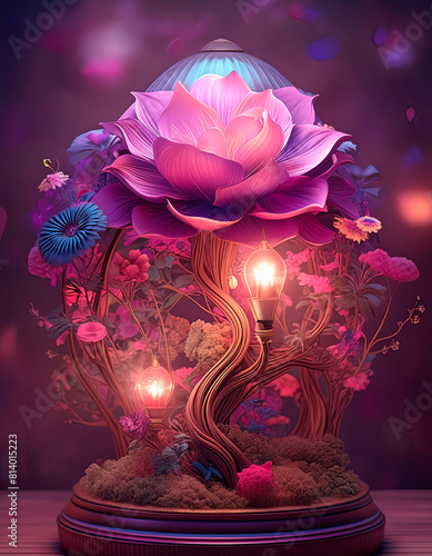 Surreal flower lamp with pink and purple shades, bokeh effect and light-dark tones.