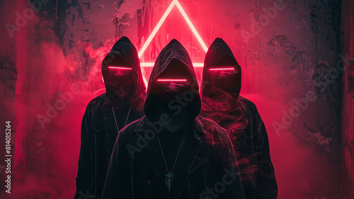 Sinister hooded figures in a creepy cult ritual scene with neon triangle and square shapes in a dark moody and atmospheric digital art composition