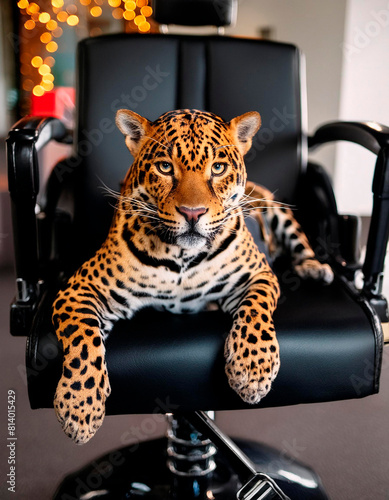 Majestic jaguar sitting on a barber chair, frontal shot with a magnetic gaze