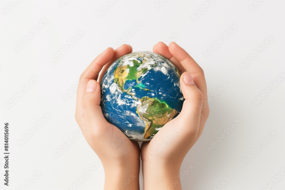 Hands Holding Earth Globe Against Sky Background Hands Holding Earth Globe Against Sky Background