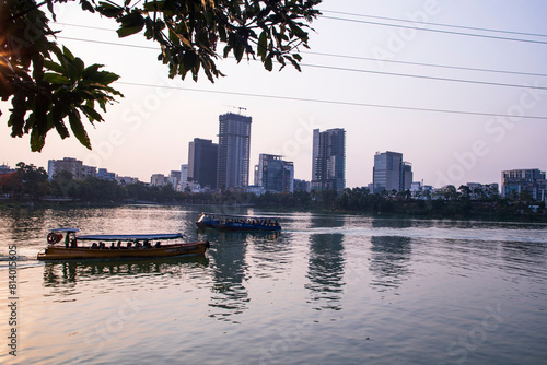 Beautiful Skylark landscape view of Hatirjheel lake with blue sky in Dhaka-Bangladdesh