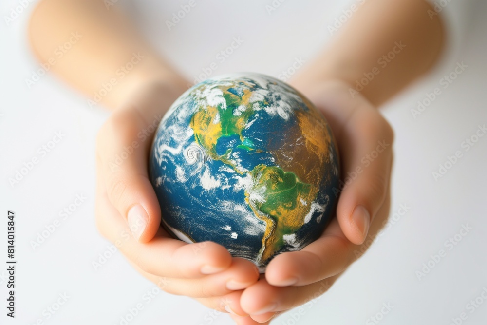 Hands Holding Earth Globe Against Sky Background Hands Holding Earth Globe Against Sky Background