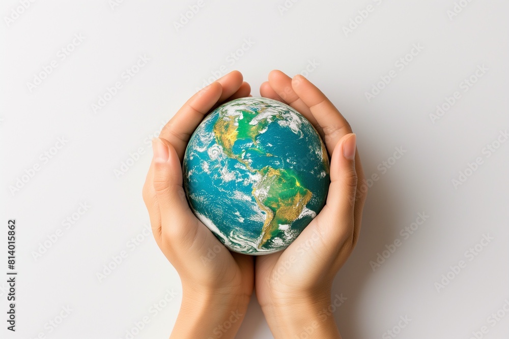 Hands Holding Earth Globe Against Sky Background Hands Holding Earth Globe Against Sky Background