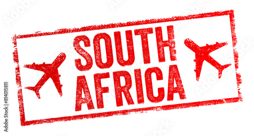 South Africa - a country located at the southern tip of the African continent, text emblem stamp with airplane
