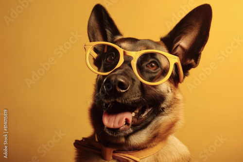 A smart, intellectually developed dog in yellow glasses with a book on an isolated orange background. photo