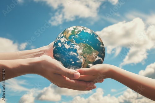 Hands Holding Earth Globe Against Sky Background