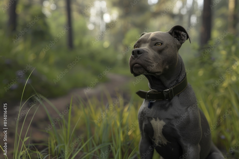 A dog sitting in the grass in the woods, suitable for nature-themed projects A dog sitting in the grass in the woods, suitable for nature-themed projects