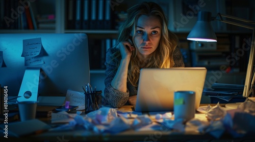 A grim testament to the heavy toll of overwork, her slumped posture and vacant stare speak volumes about modern occupational hazards. photo