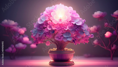 Surreal flower lamp with pink and purple shades, dark light tone.