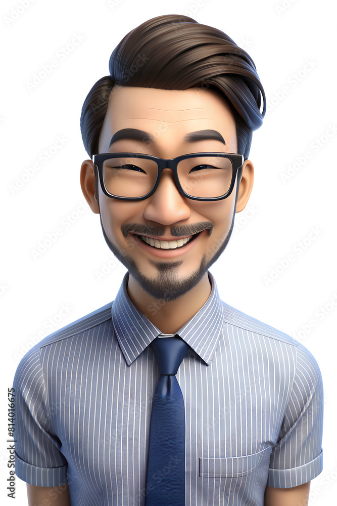 3d style illustration of asia Hipster man in office worker uniform, he is happy