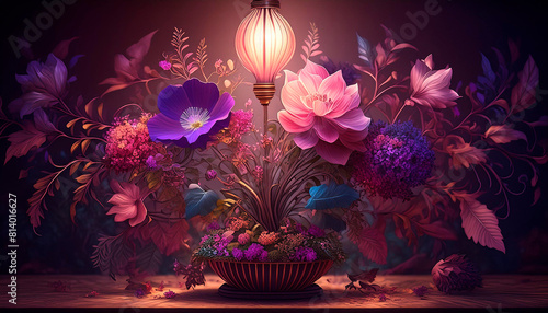 Surreal flower lamp with pink and purple shades, dark light tone.