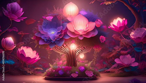 Surreal flower lamp with pink and purple shades, bokeh effect and light-dark tones. photo