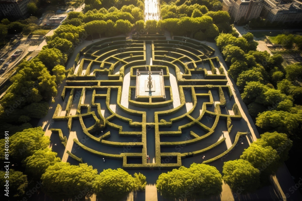 Bird's Eye View of an Intricate Hedge Maze in a Bustling City Park on a Bright Day