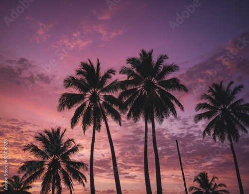 Indulge in the beauty of a tropical sunset with our image of palm trees silhouetted against a sky painted in shades of pink and purple
