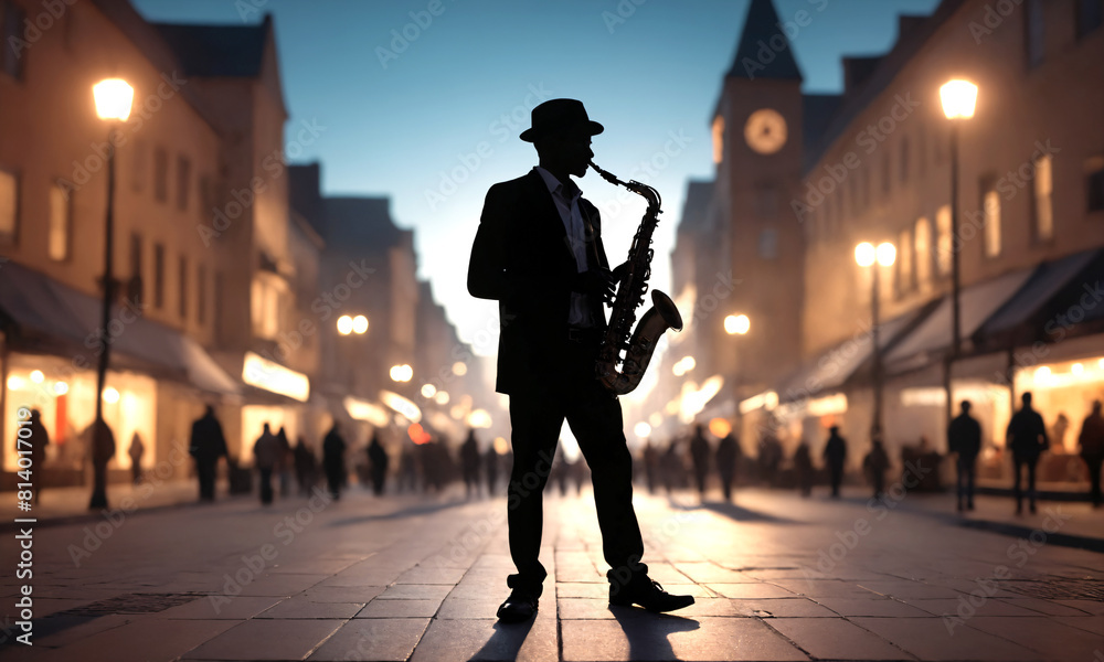 A black saxophone player is standing in the middle of a crosswalk in an urban city street, wearing a suit and hat. Street music. Photo.