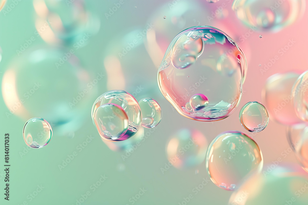 3D render of floating glass spheres or baubbles , pastel green mint color 3D render of floating glass spheres or baubbles , pastel green mint color