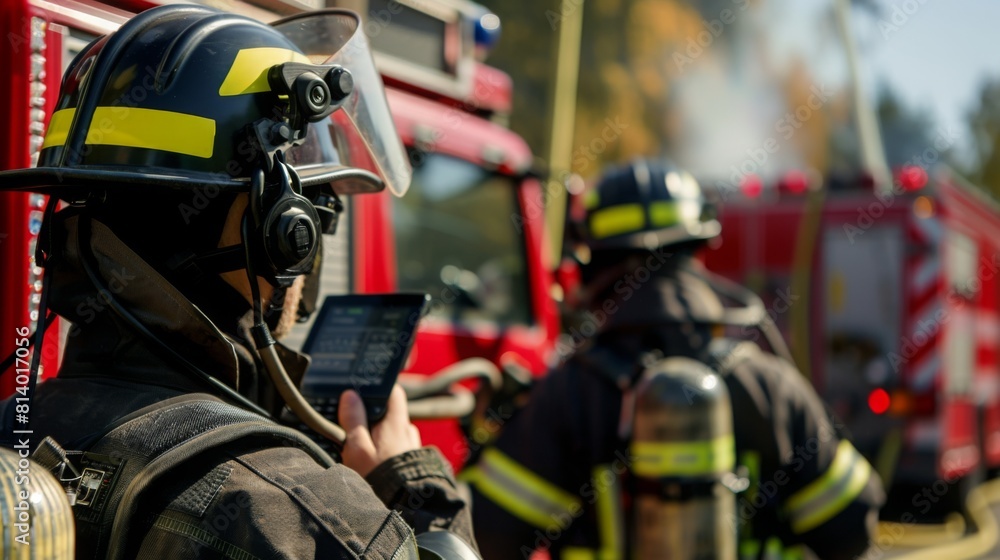 Firefighters in protective gear at the scene of a fire, with one operating a tablet and firetruck in the background. Firefighters in protective gear at the scene of a fire, with one operating a tablet and firetruck in the background.