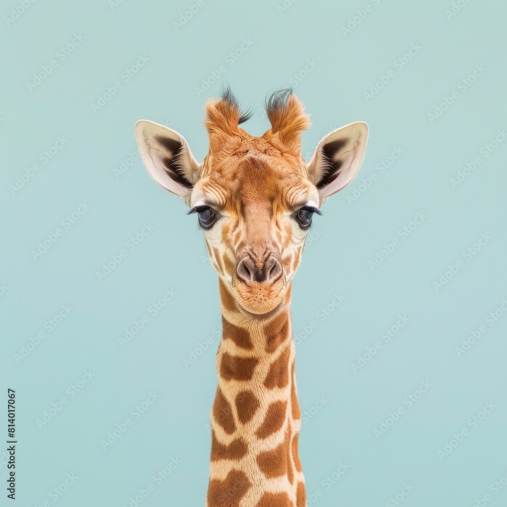 Fototapeta premium A cheerful and funny giraffe, close-up face on a plain copy space banner. Concept: animal print, design, savannah resorts