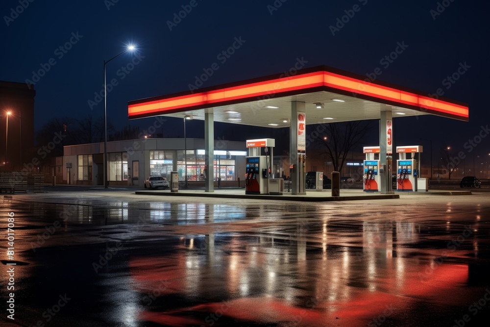Obraz premium Evening View of a Busy City Gas Station with an Attached Convenience Store