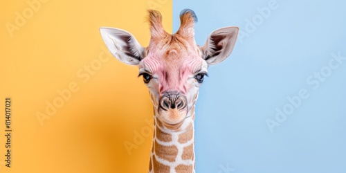 A cheerful and funny giraffe  close-up face on a plain copy space banner. Concept  animal print  design  savannah resorts