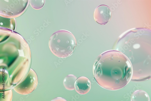 3D render of floating glass spheres or baubbles , pastel green mint color