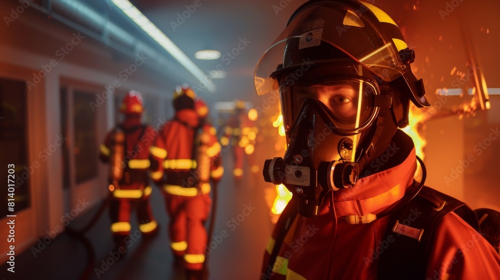 Fototapeta premium Brigade in action combating a fierce fire inside a structure, illuminated by the fiery glow as smoke billows.