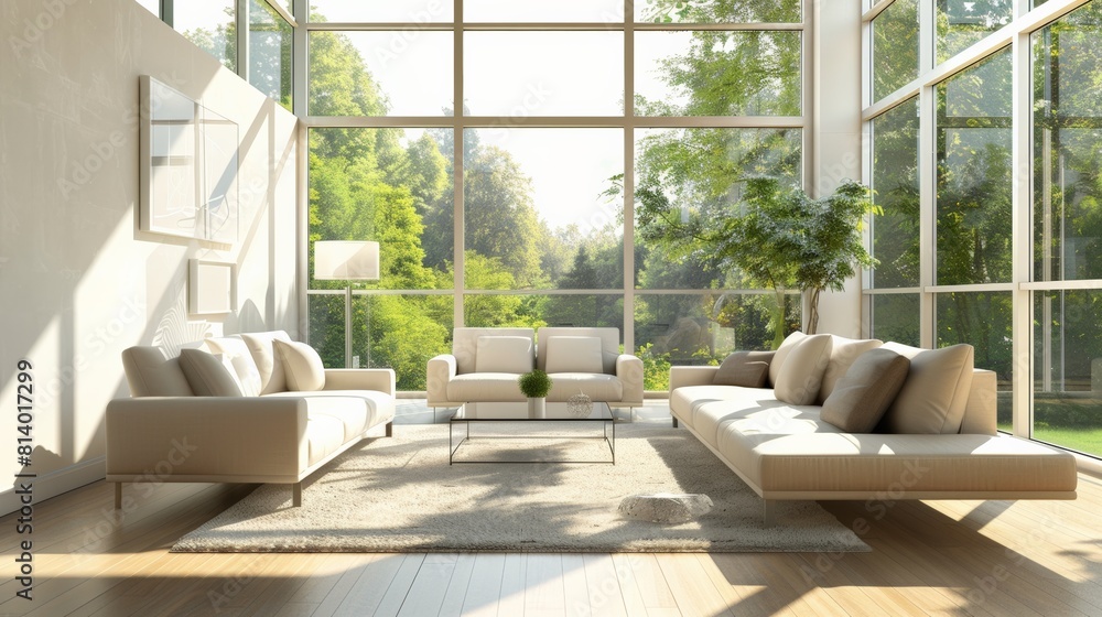A minimalist living room with modern furniture, neutral colors, in natural light from large windows A minimalist living room with modern furniture, neutral colors, in natural light from large windows