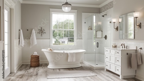 A luxurious bathroom with a freestanding bathtub  walk-in shower and elegant fixtures