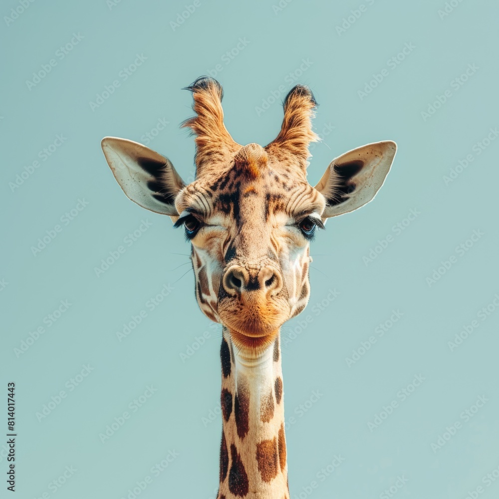 Fototapeta premium A giraffe with a cheerful grimace on its face, a cute animal on a plain copy space background. Concept: print and design, template for paintings