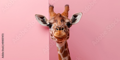 Una jirafa con una mueca alegre en la cara, un animal lindo sobre un fondo de espacio de copia simple. Concepto: impresión y diseño, Plantilla para pinturas. photo