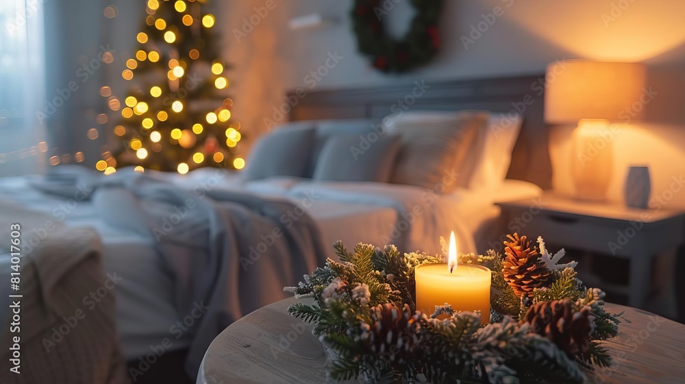 Candle with Christmas wreath on a bedroom bedside table side view showcasing holiday elegance and warmth digital binary as object splitcomplementary color scheme Candle with Christmas wreath on a bedroom bedside table side view showcasing holiday elegance and warmth digital binary as object splitcomplementary color scheme