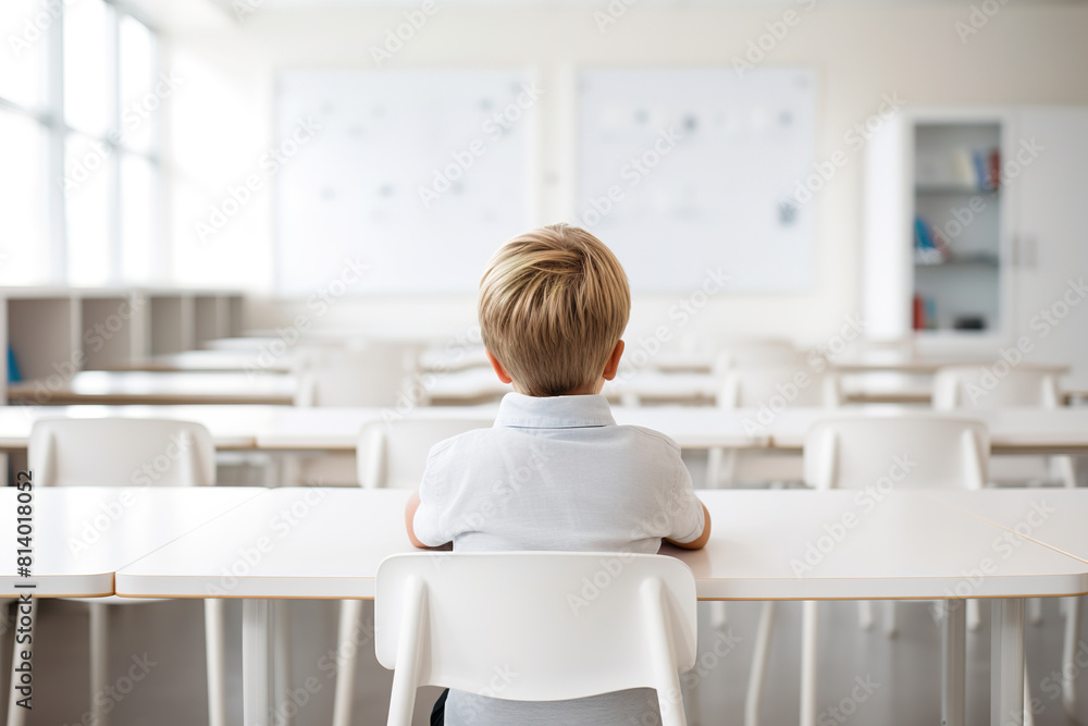 Young student seated in a bright, modern classroom, seen from behind, symbolizing focus and the future of education, perfect for educational themes and campaigns. Young student seated in a bright, modern classroom, seen from behind, symbolizing focus and the future of education, perfect for educational themes and campaigns.