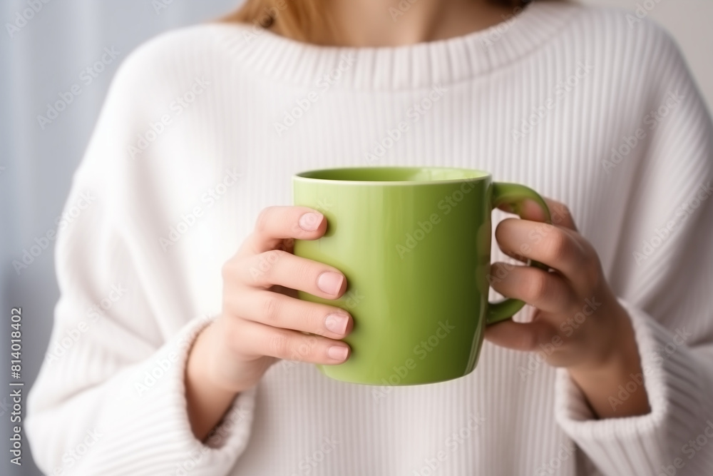 female hand holding white mug with blank copy space for your advertising text message or promotional content, sweet coffee or tea. Girl in green sweater holding white porcelain mug mock up female hand holding white mug with blank copy space for your advertising text message or promotional content, sweet coffee or tea. Girl in green sweater holding white porcelain mug mock up