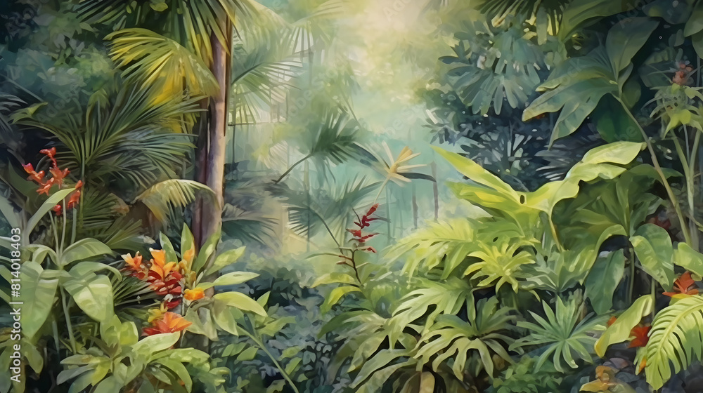 Lush Tropical Vegetation Watercolor