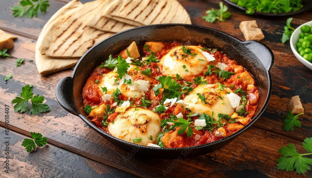 Shakshuka, topped with extra melted cheese and served with pita bread. Shakshuka, topped with extra melted cheese and served with pita bread.