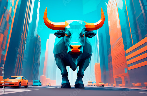 polygonal blue metal bull standing in the middle of the street against the background of skyscrapers, for decoration. horizontal.