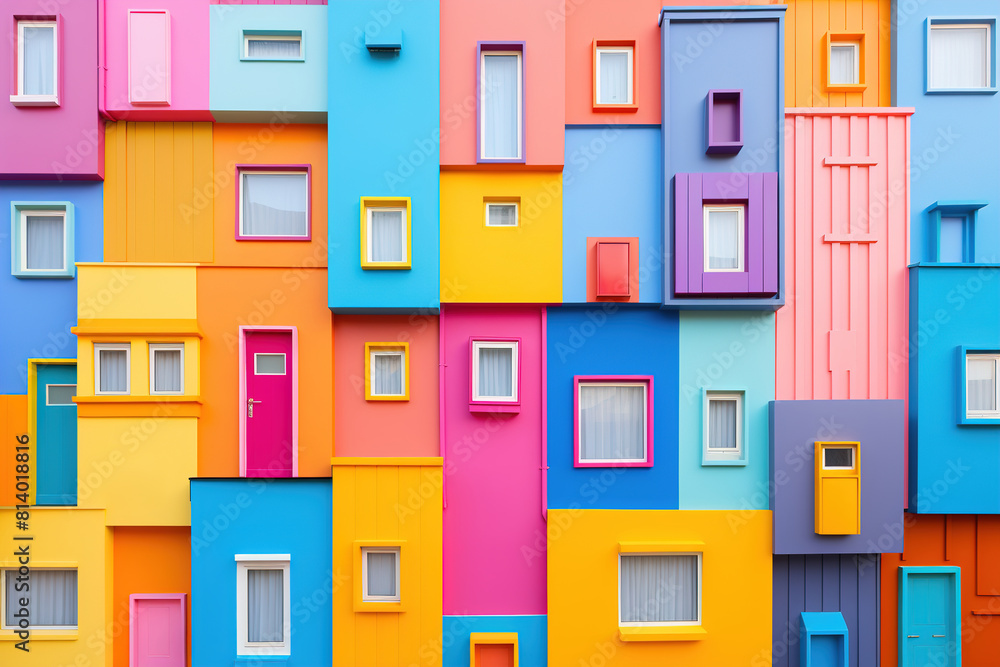 A playful, colorful facade mimicking a bustling urban block with vibrant hues, perfect for projects about creative architecture, urban planning, and community spaces.