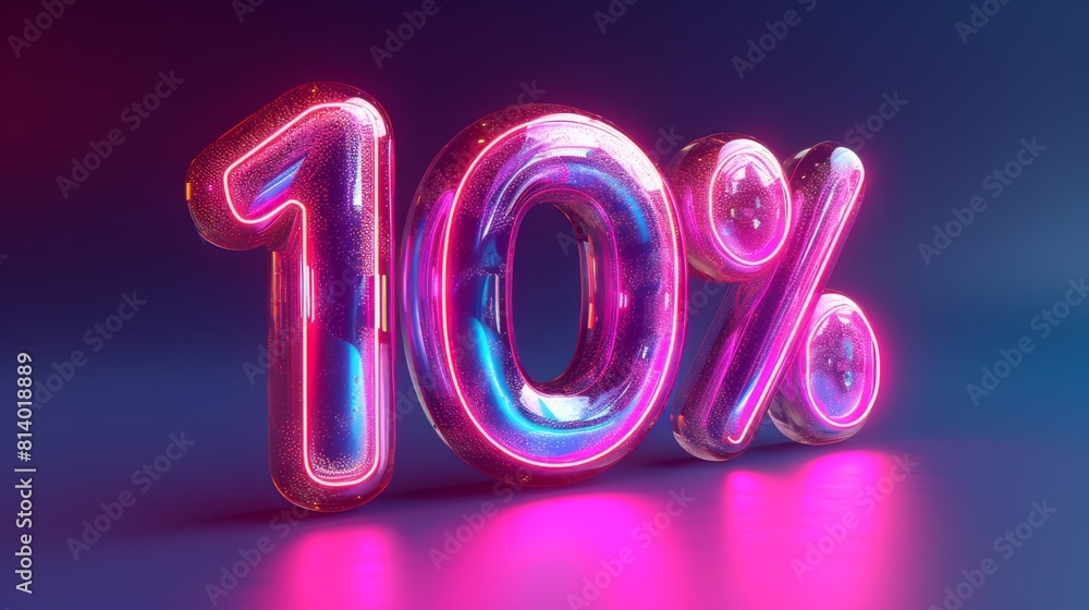 Glowing neon 10% sign on a purple background Glowing neon 10% sign on a purple background