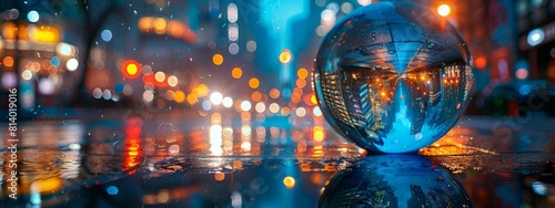 A crystal ball on a wet city street at night, reflecting vibrant, colorful lights and urban scenery. photo