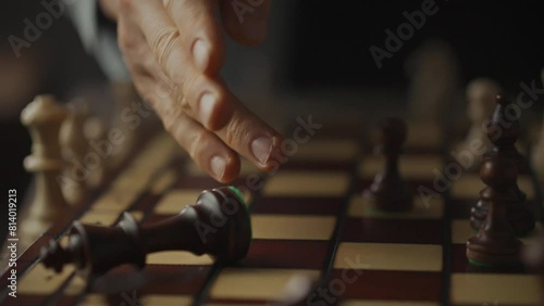 The chess genius ends the game by knocking over the king's piece and leaving his opponent with no chance of retaliatory move. The camera zooms onto the hand which gently but confidently moves figure photo