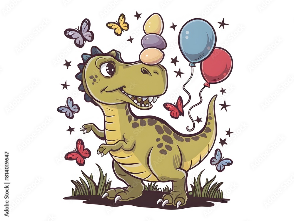Mischievous dinosaur surrounded by eggs, butterflies, and balloons