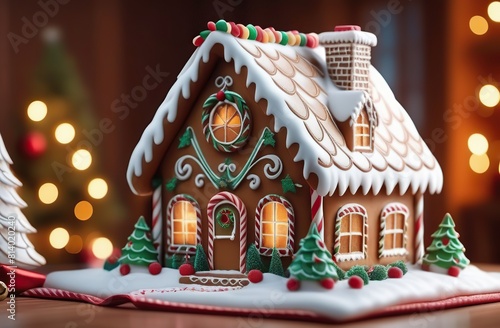 Gingerbread house on the christmas table with copy space